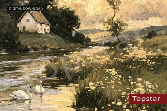 Download River Swans Golden Summer Wall Art Decor - Old Collection